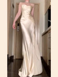 Niulatu Mermaid Spaghetti Straps Champagne Satin Long Floor Length Prom Dresses HZ1110