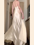 Niulatu Mermaid Spaghetti Straps Champagne Satin Long Floor Length Prom Dresses HZ1110