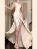 Niulatu Mermaid Spaghetti Straps Champagne Satin Long Floor Length Prom Dresses HZ1110