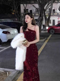 Niulatu Sheath Spaghetti Straps Wine Red Sequin Evening Dress Prom Dresses Birthday Outfits HZ1110