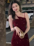 Niulatu Sheath Spaghetti Straps Wine Red Sequin Evening Dress Prom Dresses Birthday Outfits HZ1110