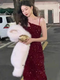 Niulatu Sheath Spaghetti Straps Wine Red Sequin Evening Dress Prom Dresses Birthday Outfits HZ1110