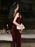 Niulatu Mermaid Straps Burgundy Velvet Evening Dress Prom Dresses Birthday Outfits HZ1110