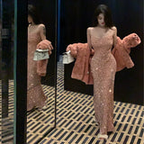 Niulatu Mermaid Straps Pink Sequin Evening Dress Prom Dresses Birthday Outfits HZ1110
