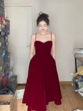 Niulatu A line Spaghetti Straps Burgundy Velvet Evening Dress Prom Dresses Birthday Outfits HZ1110