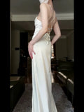 Niulatu Mermaid Spaghetti Straps White Satin Long Birthday Dress Prom Dresses HZ1110
