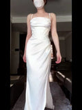 Niulatu Mermaid Spaghetti Straps White Satin Long Birthday Dress Prom Dresses HZ1110