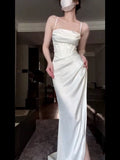Niulatu Mermaid Spaghetti Straps White Satin Long Birthday Dress Prom Dresses HZ1110