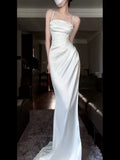 Niulatu Mermaid Spaghetti Straps White Satin Long Birthday Dress Prom Dresses HZ1110