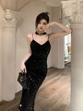 Niulatu Sheath Spaghetti Straps Black Sequin Evening Dress Prom Dresses Birthday Outfits HZ1110