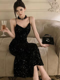 Niulatu Sheath Spaghetti Straps Black Sequin Evening Dress Prom Dresses Birthday Outfits HZ1110
