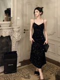 Niulatu Sheath Spaghetti Straps Black Sequin Evening Dress Prom Dresses Birthday Outfits HZ1110