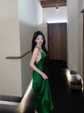 Niulatu Mermaid Spaghetti Straps Green Satin Long Birthday Dress Prom Dresses HZ1110