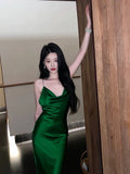 Niulatu Mermaid Spaghetti Straps Green Satin Long Birthday Dress Prom Dresses HZ1110