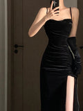 Niulatu Sheath Spaghetti Straps Black Velvet Evening Dress Prom Dresses Birthday Outfits HZ1110