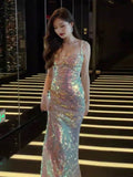 Niulatu Mermaid Straps Sequin Backless Long Birthday Dress Prom Dresses HZ1110