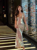 Niulatu Mermaid Straps Sequin Backless Long Birthday Dress Prom Dresses HZ1110