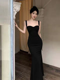 Niulatu Mermaid Straps Black Satin Long Birthday Dress Prom Dresses HZ1110