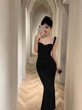 Niulatu Mermaid Straps Black Satin Long Birthday Dress Prom Dresses HZ1110
