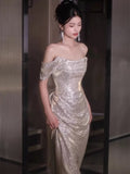 Niulatu Sheath Off The Shoulder Sequin Long Evening Dress Prom Dresses Birthday Outfits HZ1110