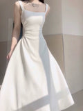 Niulatu A line Square Satin White Sleeveless Prom Dresses Birthday Party Dress HZ1110