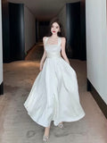 Niulatu A Line Square Neckline White Satin Evening Dress Prom Dresses HZ1110