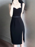 Niulatu Sheath Straps Black Split Satin Prom Dress Birthday Outfits HZ1110