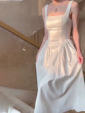 Niulatu A Line Square Neckline White Sleeveless Satin Prom Dresses Birthday Party Dress HZ1110