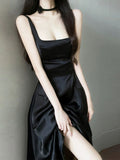 Niulatu A Line Square Neckline Black Satin Prom Dress Birthday Outfits With Pockets HZ1110