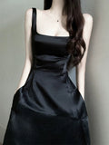 Niulatu A Line Square Neckline Black Satin Prom Dress Birthday Outfits With Pockets HZ1110