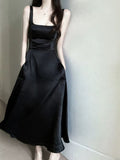 Niulatu A Line Square Neckline Black Satin Prom Dress Birthday Outfits With Pockets HZ1110