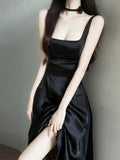 Niulatu A Line Square Neckline Black Satin Prom Dress Birthday Outfits With Pockets HZ1110