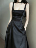 Niulatu A Line Square Neckline Black Satin Prom Dress Birthday Outfits With Pockets HZ1110