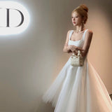 Niulatu A Line Straps Tulle White Sleeveless Prom Dresses Birthday Party Dress HZ1110