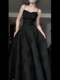Niulatu A Line Spaghetti Straps Satin Black Sleeveless Prom Dresses Birthday Party Dress HZ1110