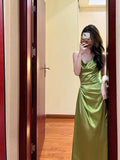 Niulatu Sheath Spaghetti Straps Green Satin Long Evening Dress Prom Dresses With Ruffles HZ1110