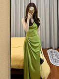 Niulatu Sheath Spaghetti Straps Green Satin Long Evening Dress Prom Dresses With Ruffles HZ1110