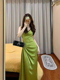 Niulatu Sheath Spaghetti Straps Green Satin Long Evening Dress Prom Dresses With Ruffles HZ1110