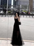 Niulatu A Line Spaghetti Straps Black Chiffon Long Evening Dress Prom Dresses HZ1110