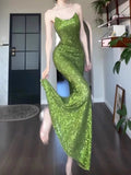 Niulatu Sheath Spaghetti Straps Green Sequin Long Evening Dress Prom Dresses HZ1110
