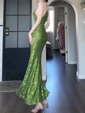 Niulatu Sheath Spaghetti Straps Green Sequin Long Evening Dress Prom Dresses HZ1110