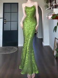 Niulatu Sheath Spaghetti Straps Green Sequin Long Evening Dress Prom Dresses HZ1110