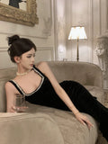 Niulatu Sheath Straps Black Velvet Long Evening Dress Prom Dresses HZ1110