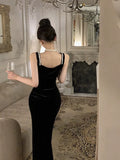 Niulatu Sheath Straps Black Velvet Long Evening Dress Prom Dresses HZ1110