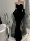 Niulatu Mermaid Strapless Black Sleeveless Prom Dress Formal Evening Dresses With Gloves HZ1110