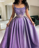 Niulatu Ball Gown Straps Neckline Lilac Satin Evening Dress Prom Dresses With Beads HZ1110