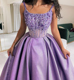 Niulatu Ball Gown Straps Neckline Lilac Satin Evening Dress Prom Dresses With Beads HZ1110