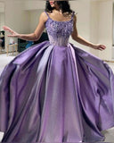 Niulatu Ball Gown Straps Neckline Lilac Satin Evening Dress Prom Dresses With Beads HZ1110