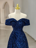 Niulatu A line Off The Shoulder Royal Blue Sequin Long Evening Dress Prom Dresses HZ1110