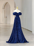 Niulatu A line Off The Shoulder Royal Blue Sequin Long Evening Dress Prom Dresses HZ1110